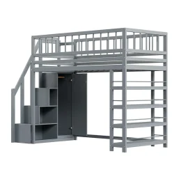 Okwish Lit mezzanine 90x200 cm - Lit ados avec clôture, penderie et étagères - Bois - Sans matelas - Gris Best