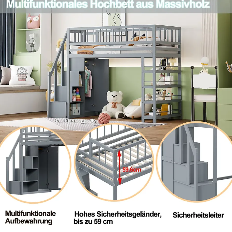 Okwish Lit mezzanine 90x200 cm - Lit ados avec clôture, penderie et étagères - Bois - Sans matelas - Gris Best