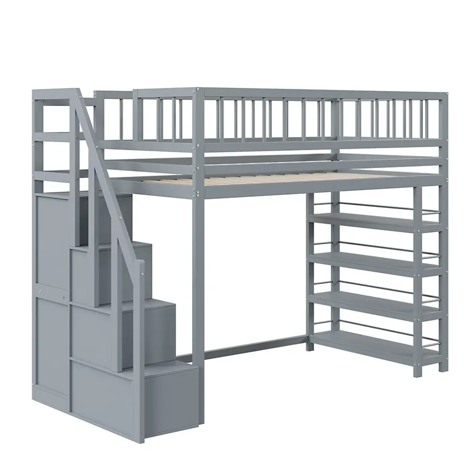 Okwish Lit mezzanine 90x200 cm - Lit ados avec clôture, penderie et étagères - Bois - Sans matelas - Gris Best