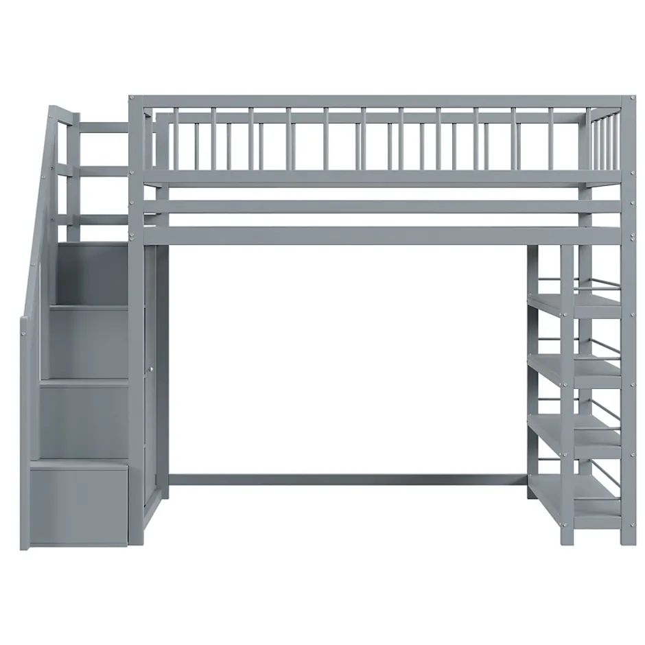 Okwish Lit mezzanine 90x200 cm - Lit ados avec clôture, penderie et étagères - Bois - Sans matelas - Gris Best