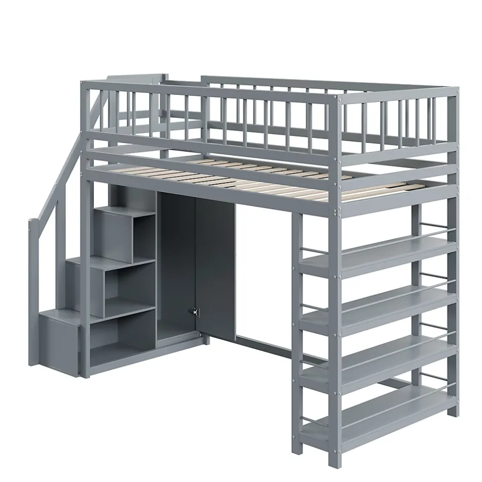 Okwish Lit mezzanine 90x200 cm - Lit ados avec clôture, penderie et étagères - Bois - Sans matelas - Gris Best