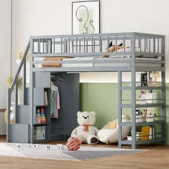 Okwish Lit mezzanine 90x200 cm - Lit ados avec clôture, penderie et étagères - Bois - Sans matelas - Gris Best