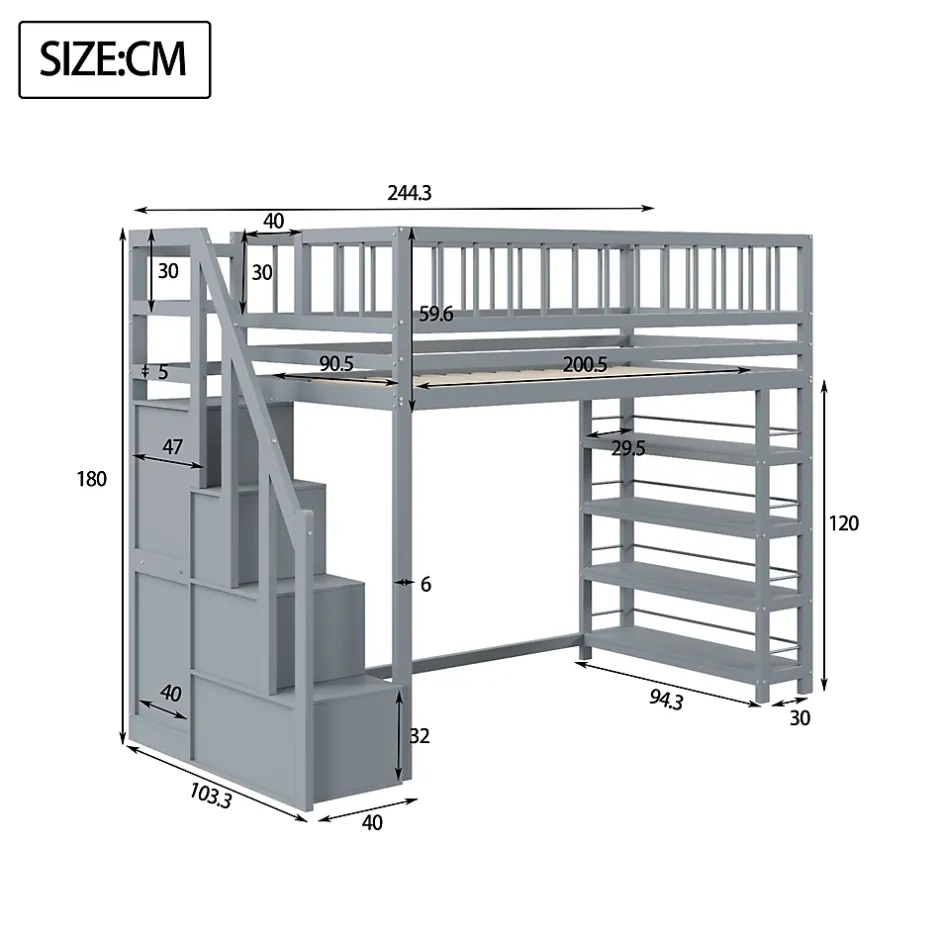 Okwish Lit mezzanine 90x200 cm - Lit ados avec clôture, penderie et étagères - Bois - Sans matelas - Gris Best