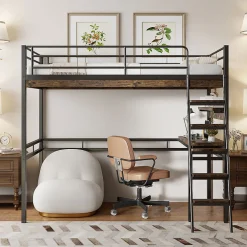 Okwish Lit Mezzanine 90x200 cm - Lit Ado avec Bureau et Étagères - Protection Anti-Chute Incluse - Métal et MDF - Noir - Sans Matelas