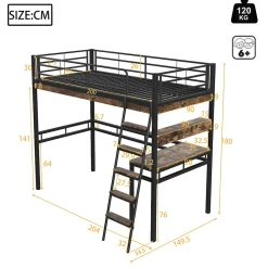 Okwish Lit Mezzanine 90x200 cm - Lit Ado avec Bureau et Étagères - Protection Anti-Chute Incluse - Métal et MDF - Noir - Sans Matelas