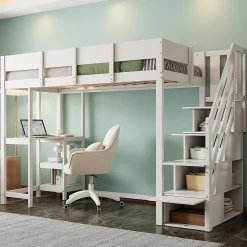 Okwish Lit mezzanine 90x200 cm - Lit avec rangement et étagère intégrée - Pin massif - Sans matelas - Blanc