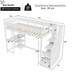 Okwish Lit mezzanine 90x200 cm - Lit avec rangement et étagère intégrée - Pin massif - Sans matelas - Blanc