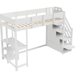 Okwish Lit mezzanine 90x200 cm - Lit avec rangement et étagère intégrée - Pin massif - Sans matelas - Blanc