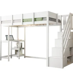 Okwish Lit mezzanine 90x200 cm - Lit avec rangement et étagère intégrée - Pin massif - Sans matelas - Blanc