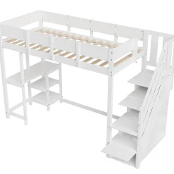 Okwish Lit mezzanine 90x200 cm - Lit avec rangement et étagère intégrée - Pin massif - Sans matelas - Blanc