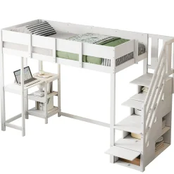 Okwish Lit mezzanine 90x200 cm - Lit avec rangement et étagère intégrée - Pin massif - Sans matelas - Blanc