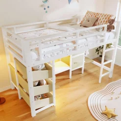 Okwish Lit Mezzanine 90x200 cm - Lit Ado avec LED Intégrée, Tiroirs en Tissu et Crochets pour Vêtements, en Métal - Sans Matelas Blanc Hot