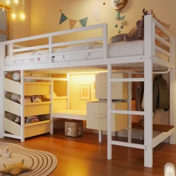 Okwish Lit Mezzanine 90x200 cm - Lit Ado avec LED Intégrée, Tiroirs en Tissu et Crochets pour Vêtements, en Métal - Sans Matelas Blanc Hot