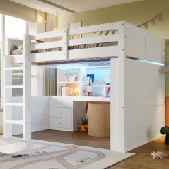 Okwish Lit Mezzanine 140x200 cm - Lit Ado avec LED et Bureau - Armoire et Tiroirs de Rangement Intégrés - sans Matelas - Blanc