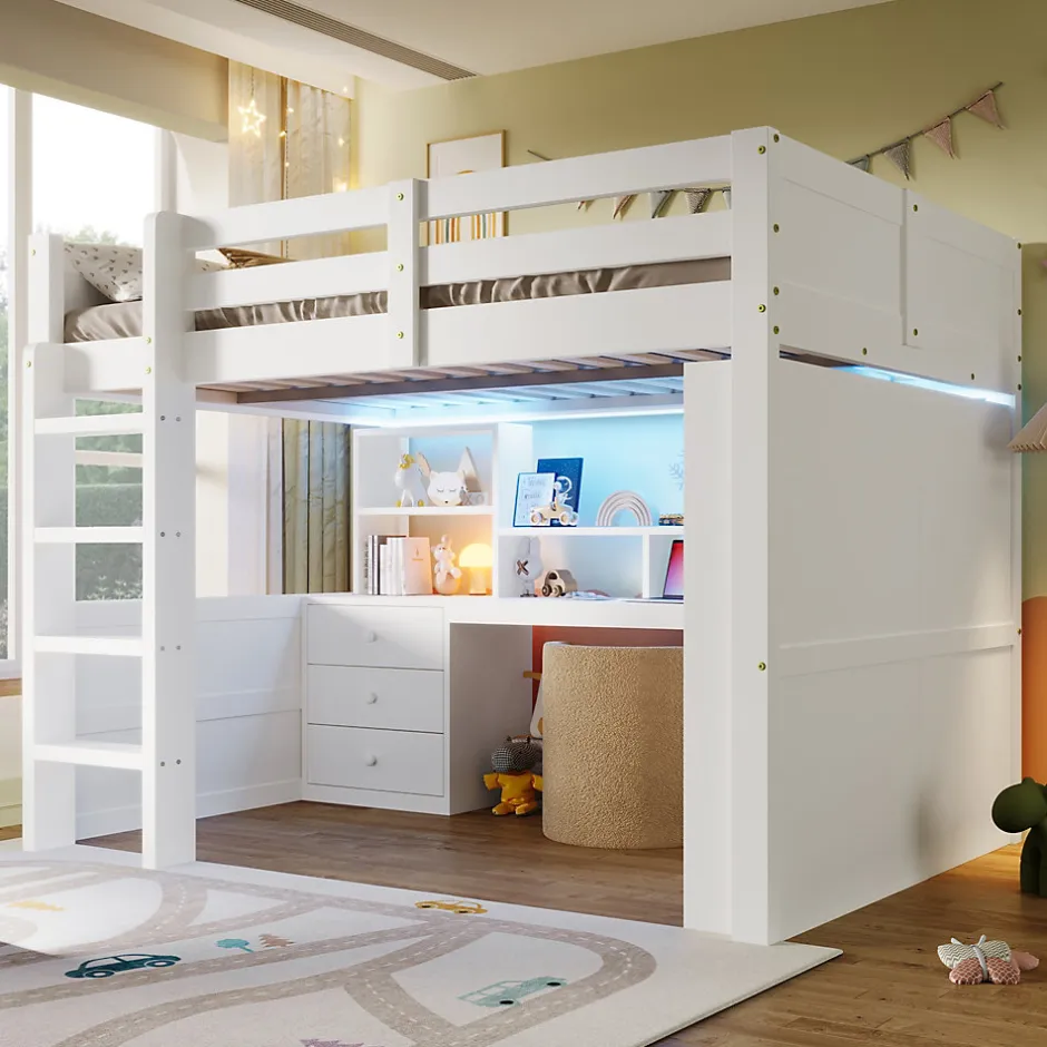 Okwish Lit Mezzanine 140x200 cm - Lit Ado avec LED et Bureau - Armoire et Tiroirs de Rangement Intégrés - sans Matelas - Blanc