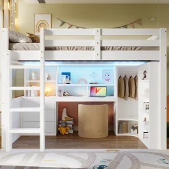 Okwish Lit Mezzanine 140x200 cm - Lit Ado avec LED et Bureau - Armoire et Tiroirs de Rangement Intégrés - sans Matelas - Blanc