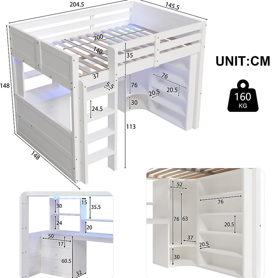 Okwish Lit Mezzanine 140x200 cm - Lit Ado avec LED et Bureau - Armoire et Tiroirs de Rangement Intégrés - sans Matelas - Blanc