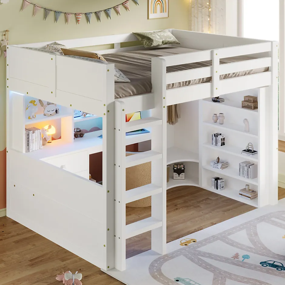 Okwish Lit Mezzanine 140x200 cm - Lit Ado avec LED et Bureau - Armoire et Tiroirs de Rangement Intégrés - sans Matelas - Blanc