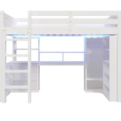 Okwish Lit Mezzanine 140x200 cm - Lit Ado avec LED et Bureau - Armoire et Tiroirs de Rangement Intégrés - sans Matelas - Blanc
