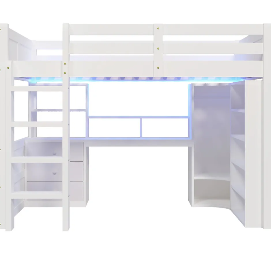 Okwish Lit Mezzanine 140x200 cm - Lit Ado avec LED et Bureau - Armoire et Tiroirs de Rangement Intégrés - sans Matelas - Blanc