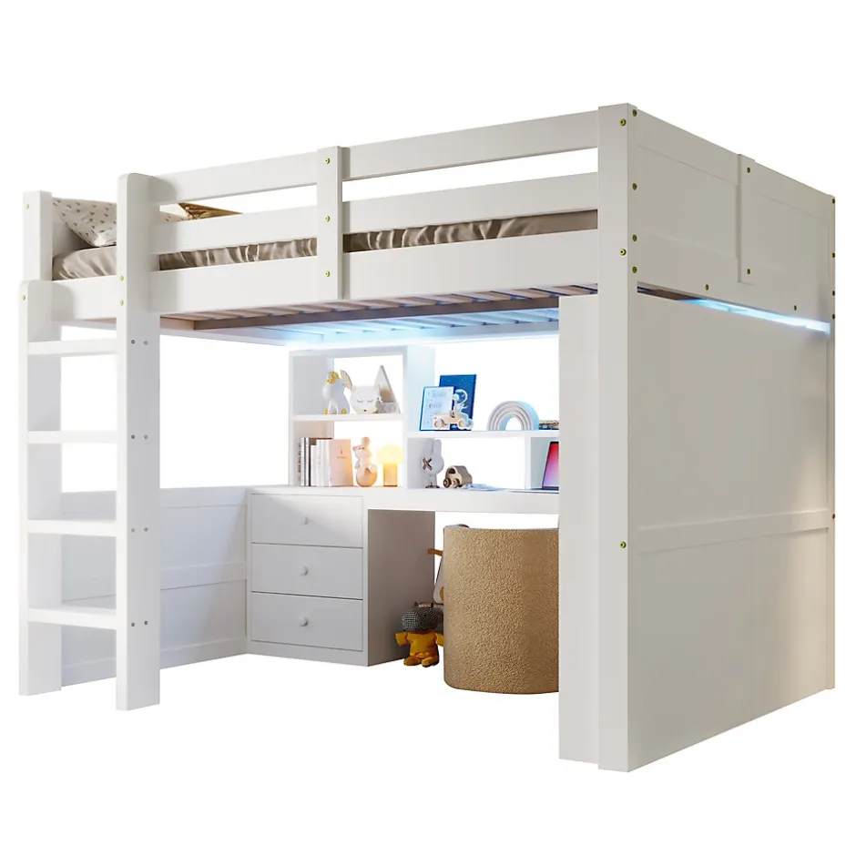 Okwish Lit Mezzanine 140x200 cm - Lit Ado avec LED et Bureau - Armoire et Tiroirs de Rangement Intégrés - sans Matelas - Blanc