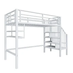 Okwish Lit mezzanine 90x200 cm - Lit avec rangement sous escalier et étagères intégrées - Métal et MDF - Sans matelas - Blanc Sale