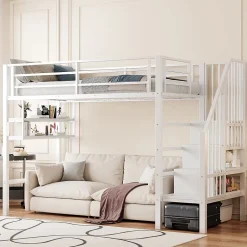 Okwish Lit mezzanine 90x200 cm - Lit avec rangement sous escalier et étagères intégrées - Métal et MDF - Sans matelas - Blanc Sale