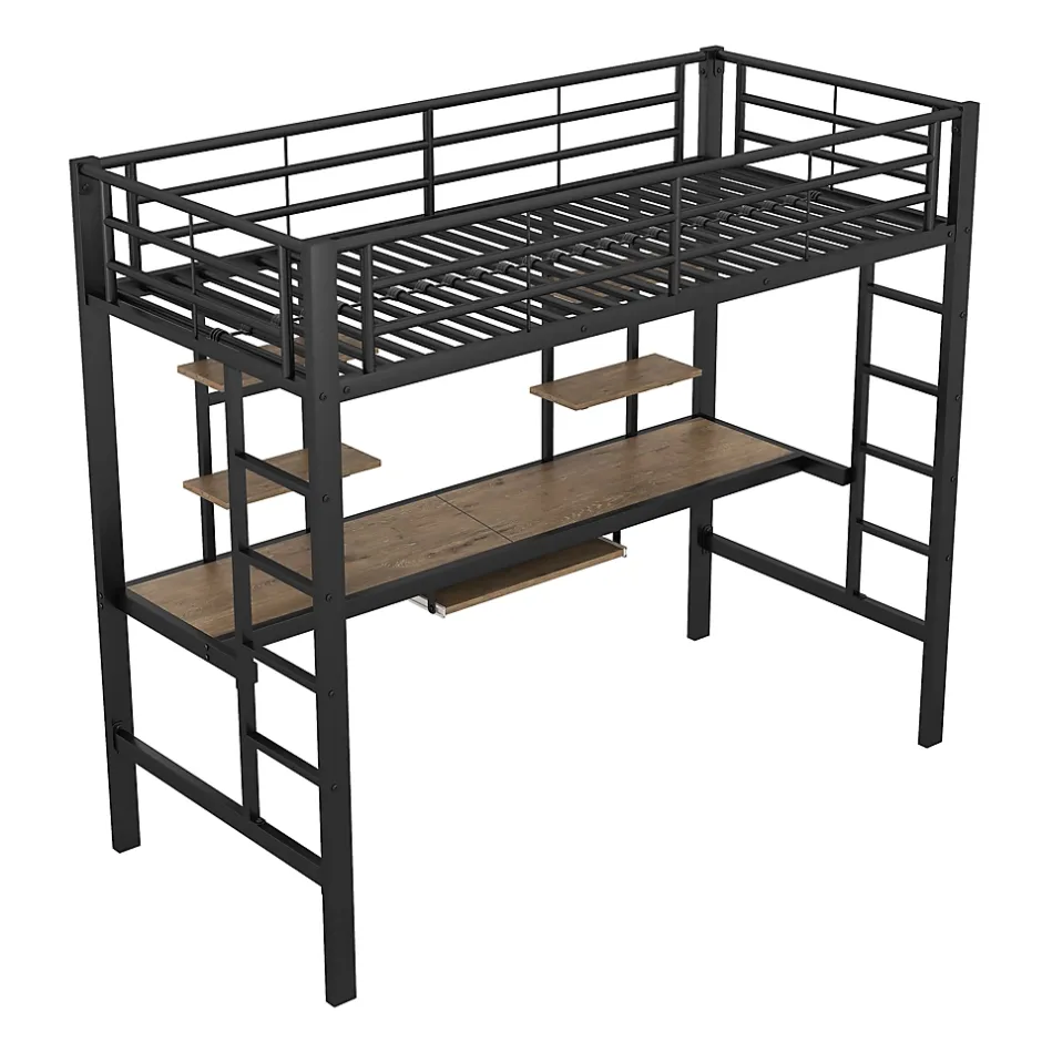 Okwish Lit Mezzanine 90x200 cm - Lit Ado avec Bureau Intégré et Espace de Rangement, Sans Matelas, en Métal et MDF, Noir Discount