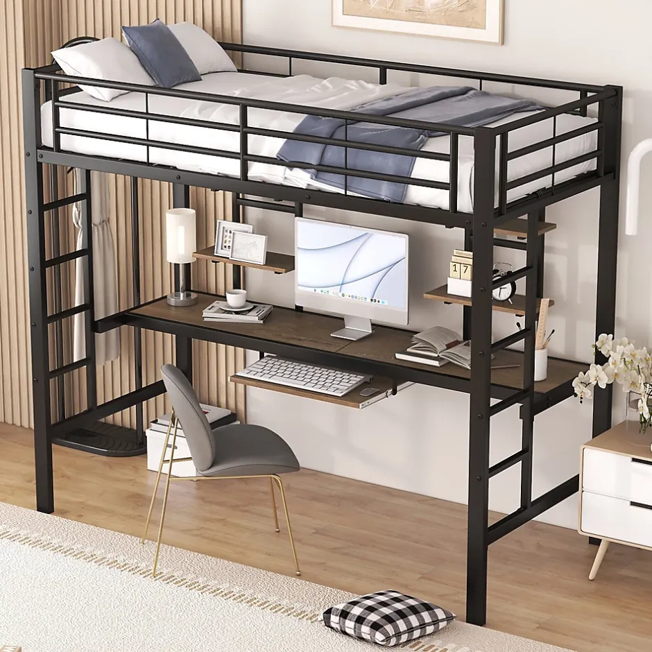 Okwish Lit Mezzanine 90x200 cm - Lit Ado avec Bureau Intégré et Espace de Rangement, Sans Matelas, en Métal et MDF, Noir Discount