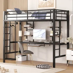 Okwish Lit Mezzanine 90x200 cm - Lit Ado avec Bureau Intégré et Espace de Rangement, Sans Matelas, en Métal et MDF, Noir Discount