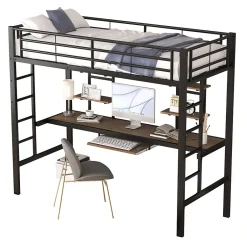 Okwish Lit Mezzanine 90x200 cm - Lit Ado avec Bureau Intégré et Espace de Rangement, Sans Matelas, en Métal et MDF, Noir Discount