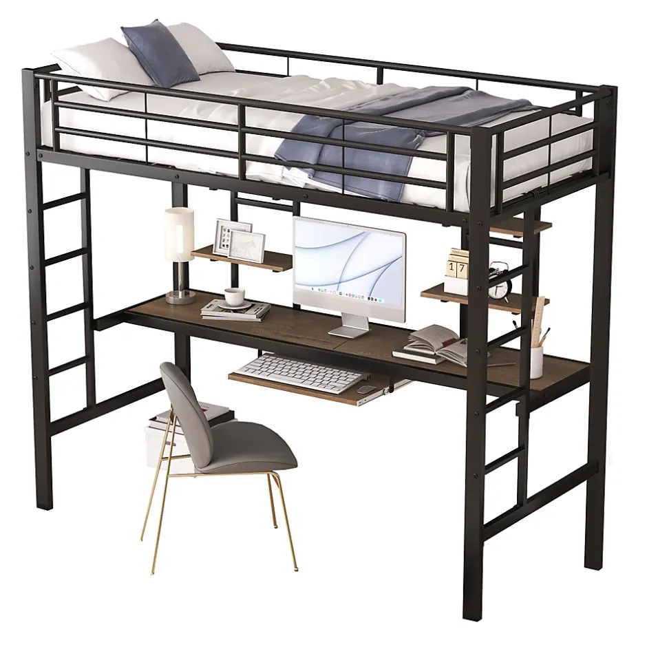 Okwish Lit Mezzanine 90x200 cm - Lit Ado avec Bureau Intégré et Espace de Rangement, Sans Matelas, en Métal et MDF, Noir Discount