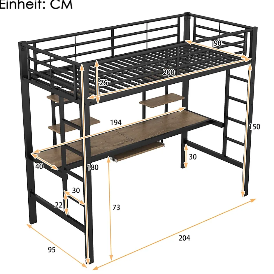 Okwish Lit Mezzanine 90x200 cm - Lit Ado avec Bureau Intégré et Espace de Rangement, Sans Matelas, en Métal et MDF, Noir Discount