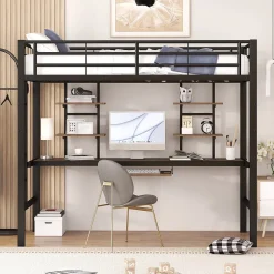 Okwish Lit Mezzanine 90x200 cm - Lit Ado avec Bureau Intégré et Espace de Rangement, Sans Matelas, en Métal et MDF, Noir Discount