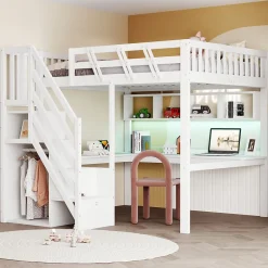 Okwish Lit Mezzanine 140x200 cm - Lit Ado avec Escalier et Rangement, Bureau Intégré avec LED et USB - Sans Matelas - Bois Blanc Discount
