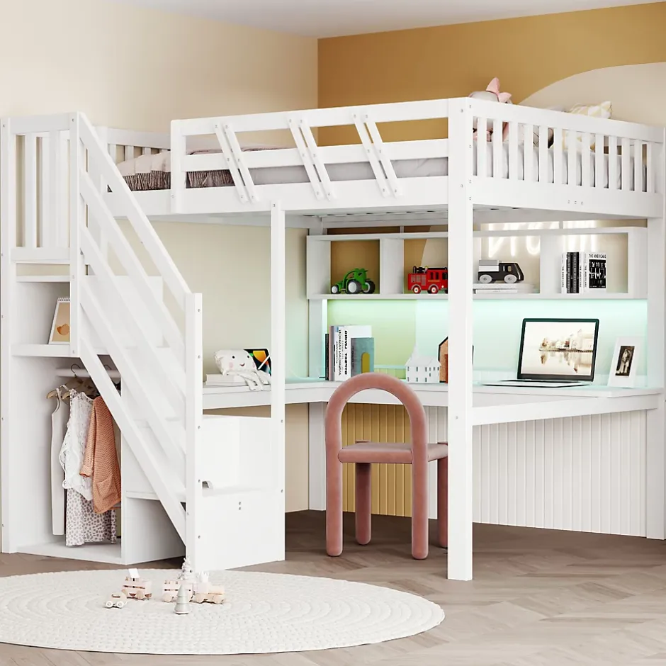 Okwish Lit Mezzanine 140x200 cm - Lit Ado avec Escalier et Rangement, Bureau Intégré avec LED et USB - Sans Matelas - Bois Blanc Discount