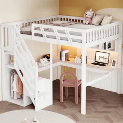 Okwish Lit Mezzanine 140x200 cm - Lit Ado avec Escalier et Rangement, Bureau Intégré avec LED et USB - Sans Matelas - Bois Blanc Discount