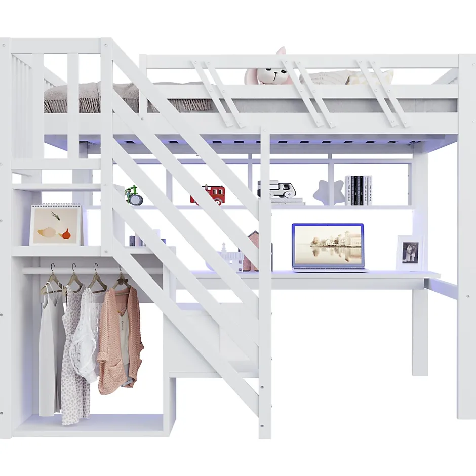 Okwish Lit Mezzanine 140x200 cm - Lit Ado avec Escalier et Rangement, Bureau Intégré avec LED et USB - Sans Matelas - Bois Blanc Discount