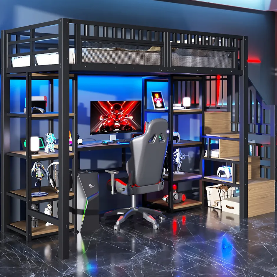 Okwish Lit Mezzanine 90x200 cm - Lit Ado Simple avec Bureau, Escalier Rangement et LED - Métal et MDF - sans Matelas - Noir