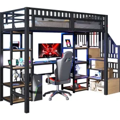Okwish Lit Mezzanine 90x200 cm - Lit Ado Simple avec Bureau, Escalier Rangement et LED - Métal et MDF - sans Matelas - Noir