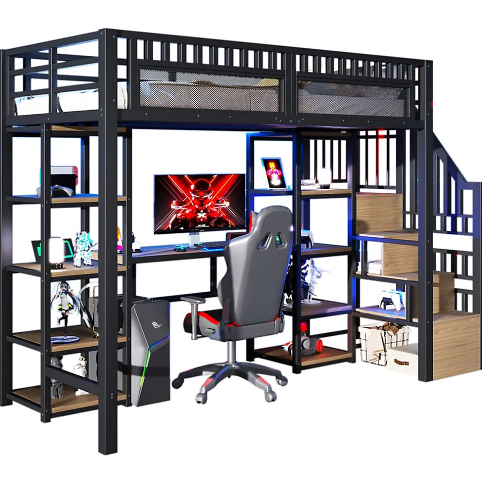 Okwish Lit Mezzanine 90x200 cm - Lit Ado Simple avec Bureau, Escalier Rangement et LED - Métal et MDF - sans Matelas - Noir
