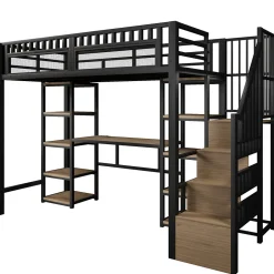 Okwish Lit Mezzanine 90x200 cm - Lit Ado Simple avec Bureau, Escalier Rangement et LED - Métal et MDF - sans Matelas - Noir