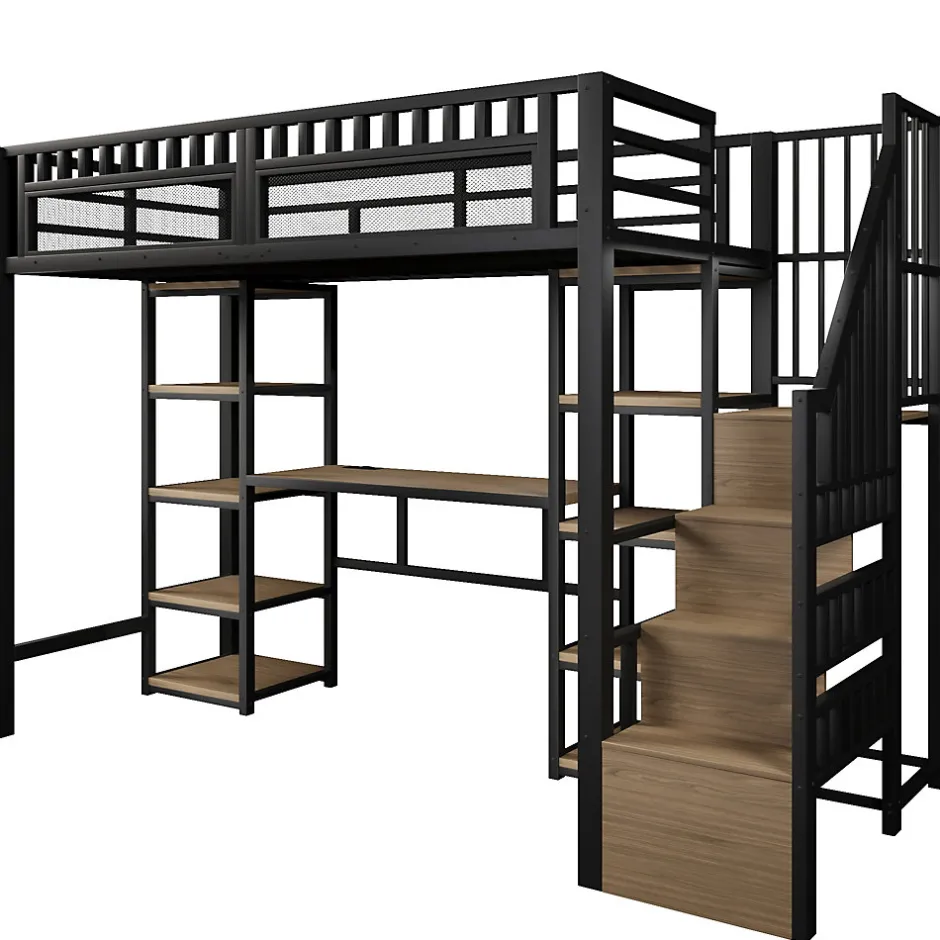 Okwish Lit Mezzanine 90x200 cm - Lit Ado Simple avec Bureau, Escalier Rangement et LED - Métal et MDF - sans Matelas - Noir