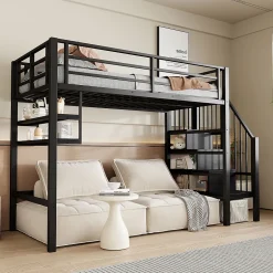 Okwish Lit mezzanine 90x200 cm - Lit avec rangement sous escalier et étagères intégrées - Métal et MDF - Sans matelas - Noir New