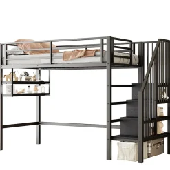 Okwish Lit mezzanine 90x200 cm - Lit avec rangement sous escalier et étagères intégrées - Métal et MDF - Sans matelas - Noir New