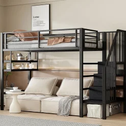 Okwish Lit mezzanine 90x200 cm - Lit avec rangement sous escalier et étagères intégrées - Métal et MDF - Sans matelas - Noir New