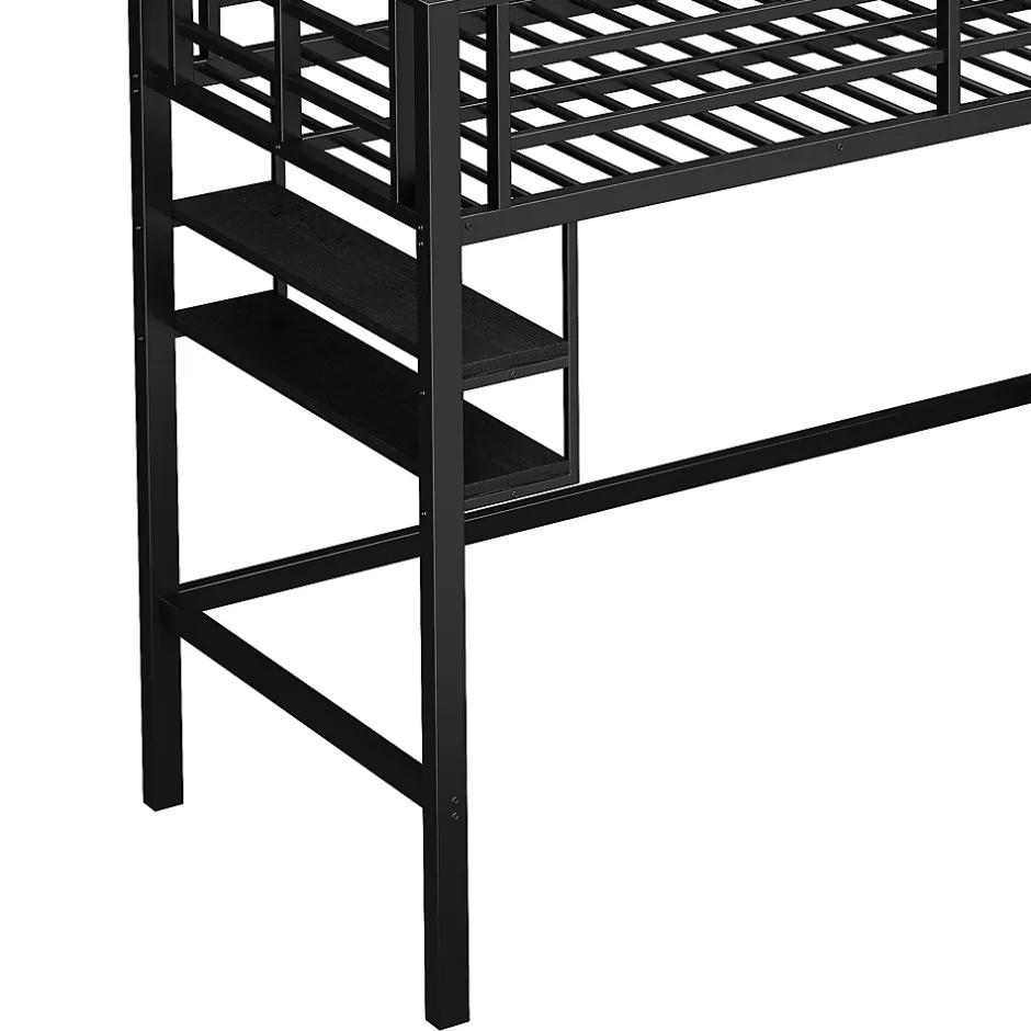Okwish Lit mezzanine 90x200 cm - Lit avec rangement sous escalier et étagères intégrées - Métal et MDF - Sans matelas - Noir New