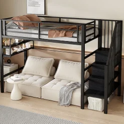 Okwish Lit mezzanine 90x200 cm - Lit avec rangement sous escalier et étagères intégrées - Métal et MDF - Sans matelas - Noir New