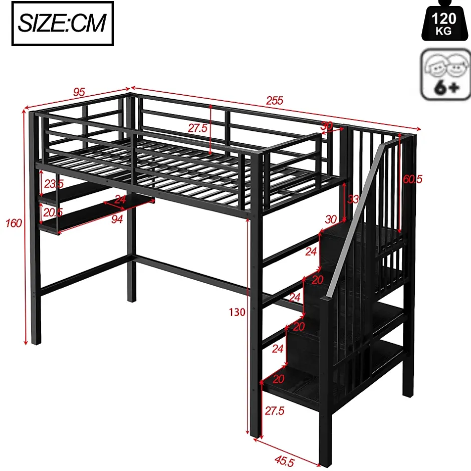 Okwish Lit mezzanine 90x200 cm - Lit avec rangement sous escalier et étagères intégrées - Métal et MDF - Sans matelas - Noir New
