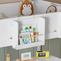 Okwish Lit mezzanine 90x200 cm - Lit avec échelle à 3 marches, toboggan et étagère amovible - Pin + MDF - Sans matelas - Blanc + Naturel Clearance